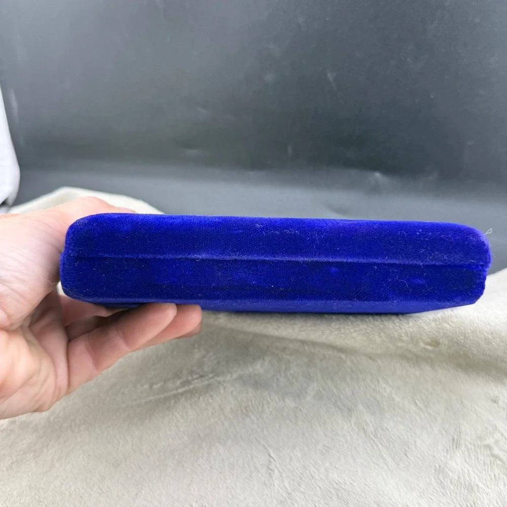Vintage Jewelry Display Box Blue Velvet Hinged Satin Lining Storage Case